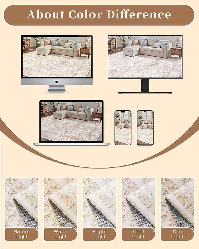 Madane 5x7 Area Rugs for Living Room, Washable Vintage Natural Rug with Non-Slip Backing, Soft Floral Print Throw Rugs Floor Low Pile Carpet for Bedroom Dining Room Farmhouse (5 x 7, Wood/Ivory)