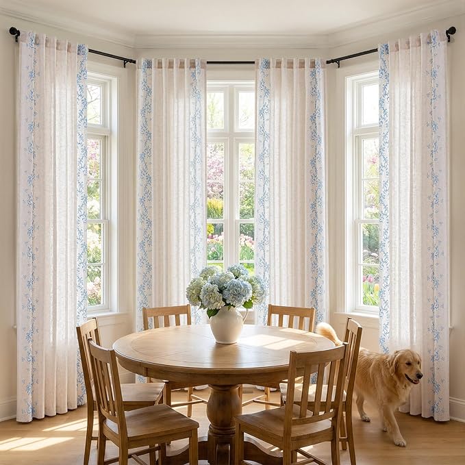 jinchan Evelyn Embroidered Linen Curtains 84 inch Long 2 Panels Blue Curtains for Living Room Bedroom Farmhouse Cottage Core Semi Sheer Light Filtering Floral Window Drapes Rod Pocket Back Tab