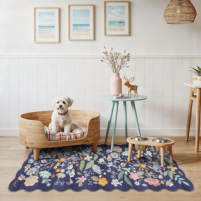 2x5 Washable Hallway Runner Rug: Stain Resistant Floral Scalloped Kitchen Rug Farmhouse Soft Carpet for Bathroom Bedroom Laudry Entryway Floor Mat with Non Slip Backing Cute Home Decor(2x5,Purple)
