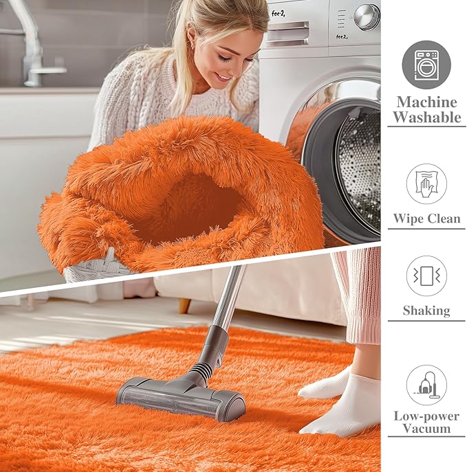 OLANLY 8x10 Machine Washable Large Area Rugs for Living Room, Bedroom, Soft Fluffy Shaggy Bedside Rug, Indoor Floor Carpet for Kids Girls and Boys, Dorms, Nursery, Home Decor Aesthetic, Orange