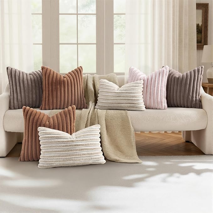 decorUhome Summer Cozy Faux Fur Throw Pillow Covers 20x20 Set of 2 Decorative Soft Plush Striped Modern Farmhouse Boho Couch Pillow Cases with Velvet Back for Sofa Bed Living Room, Pink White