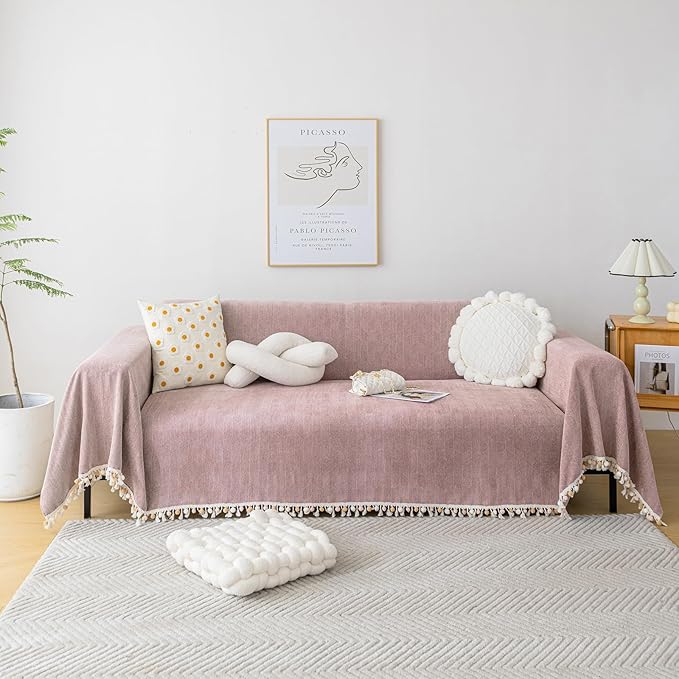 HANDONTIME Soild Couch Covers for Dogs Pink-Purple Sofa Covers Boho Cover for Sofa 3 Seats Chenille Sofa Throw Cover Mauve Sofa Covers for 3 Cushion Couch Tassel, Washable, Pet Friendly, 91" X150"