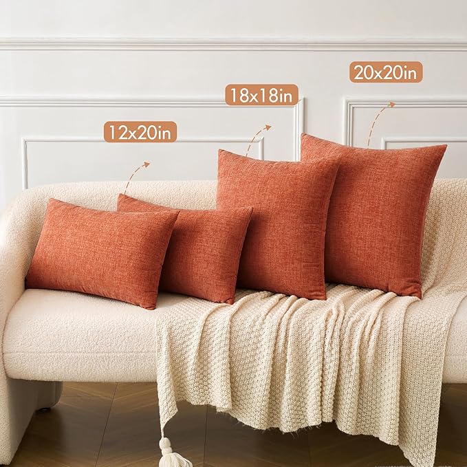 MIULEE Pack of 2 Couch Throw Pillow Covers 18x18 Inch Soft Burnt Orange Chenille Pillow Covers for Sofa Living Room Solid Dyed Pillow Cases