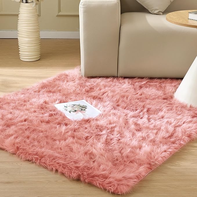 ORINOVA Pink Shag Faux Sheepskin Washable Fur Rug for Living Room Bedroom Furry Area Rug 4x6 Rectangle Rug Nursery Decor Girl