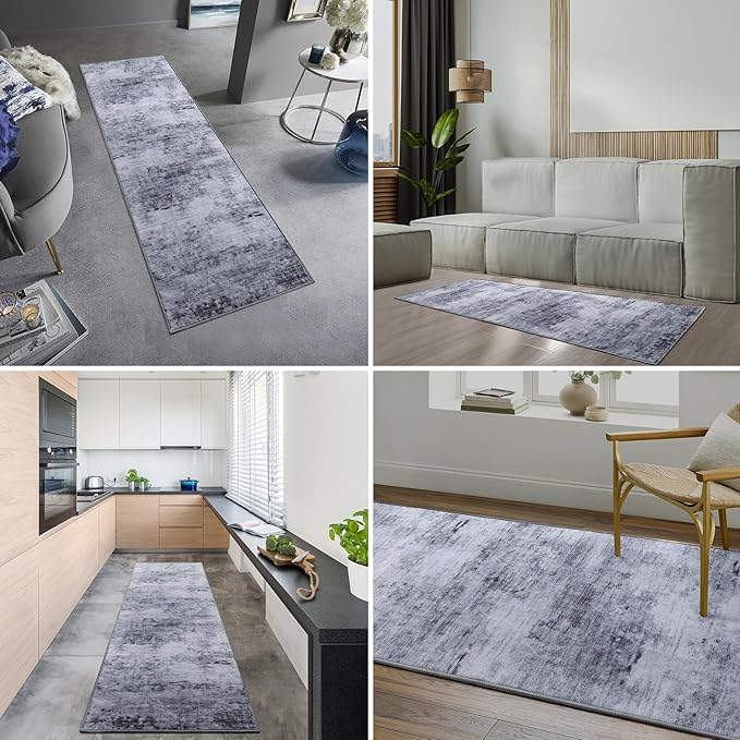 Toneed 2x6 Runner Rug Modern Abstract Hallway Rug Washable Non Slip Rubber Rugs for Kitchen Stairs Entryway Bedroom Living Room Printed Low Pile Foldable Accent Rugs Grey