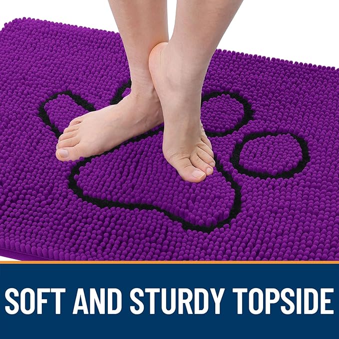OLANLY Dog Door Mat for Muddy Paws 36x24, Paw Print Design, Absorbs Moisture and Dirt, Absorbent Non-Slip Washable Doormat, Quick Dry Chenille Mud Mat for Dogs, Entry Indoor Entryway Carpet, Purple