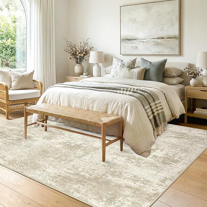 Washable Area Rugs 8'x10' Non-Slip Modern Abstract Soft for Living Room Entryway Bedroom Nursery, Print Pattern, Beige Cream Brown