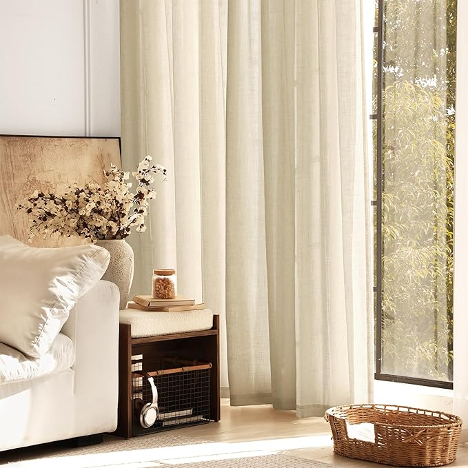Greyish Beige Linen Curtain 96 inch Length 2 Panels Set Back Tab Light Filtering Living Room Curtain Drapes Home Office Modern Minimalist Decor Farmhouse Boho Neutral Semi Sheer Curtain 96 inch Long