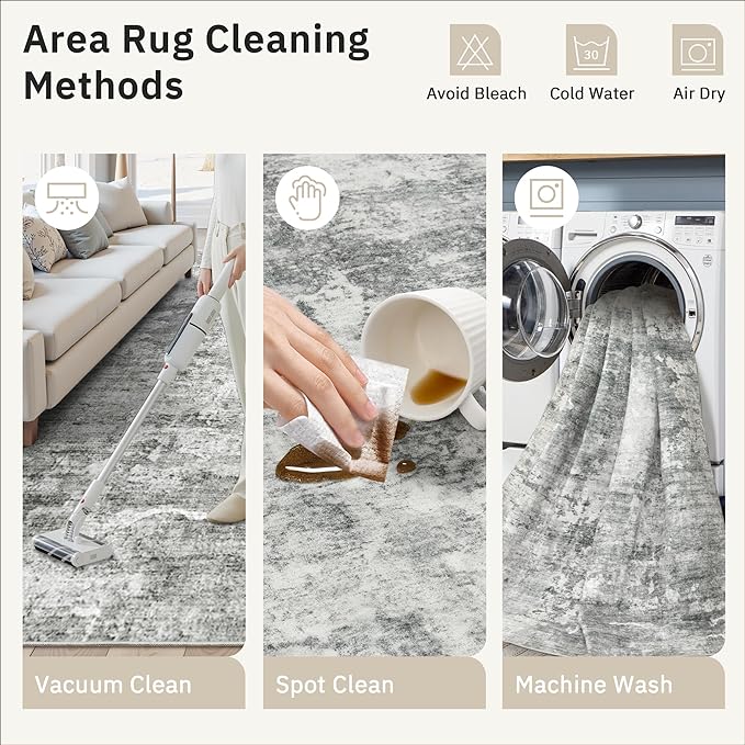 Abstract Rug 5x7 Machine Washable Area Indoor Grey White Low Pile Non-Slip Foldable Thin Accent Rugs for Bedroom Living Room Dining Room