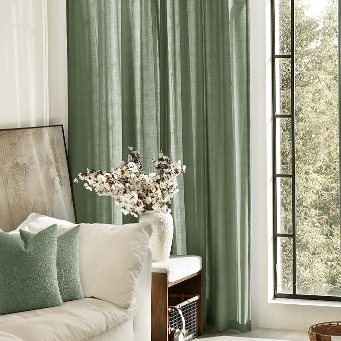 Olive Green Curtains 120 inch Length 2 Panels for Bedroom Back Tab Light Filtering Semi Sheer Drapes Linen Cotton Textured Airy Modern Farmhouse Living Room Sage Aesthetic Decor 52x120