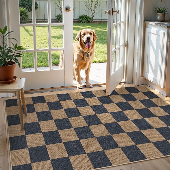 Lahome Colette Checkered Easy Jute Indoor Outdoor Carpet, 3x5 Washable Rugs for Entryway Living Room Farmhouse Area Rug, Non Slip Blue Checkerboard Indoor Door Mat for Entry Patio Deck