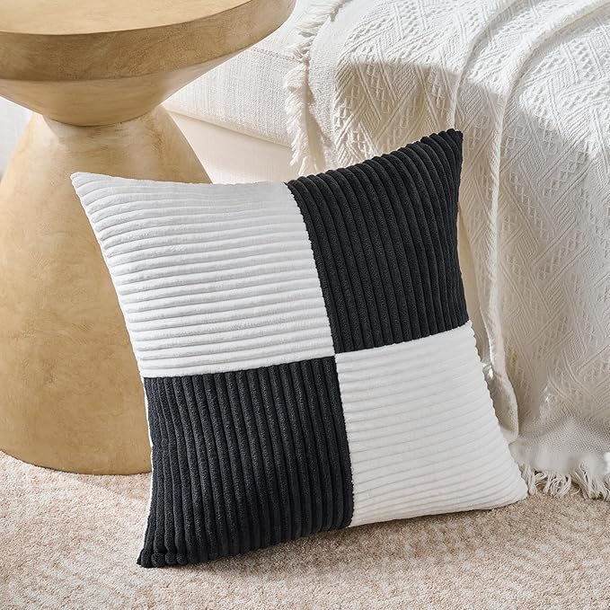 Fancy Homi Set of 2 Black White Decorative Throw Pillow Covers 18x18 Inch with for Couch Bed Sofa Living Room, Soft Cross Patchwork Striped Corduroy Modern Square Cushion Case 45x45 cm