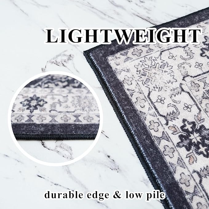 Washable 3x25 Extra Long Runners: Oriental Soft Non-Slip Hallway Runner Rugs for Kitchen Dining Room Indoor Low Pile Thin Entry Floor Mat Stain Resistant Carpet for Living Room Bedroom (3 x 25,Black)