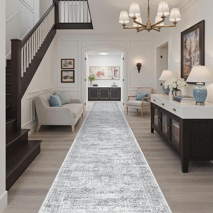 Runner Rug 2'6" x 14' Washable Non-Slip Runner Rugs for Kitchen Bathroom Laundry Room Vintage Ultra Thin Runners for Hallway Entryway Grey