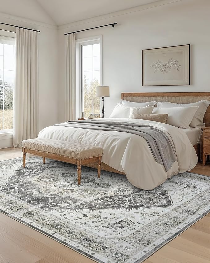 AMADA HOMEFURNISHING 9x12 Area Rug, Washable Low-Profile Large Area Rug with Non-Slip Backing & Durable Edge Binding, Vintage Large Rugs for Living Room, Bedroom
