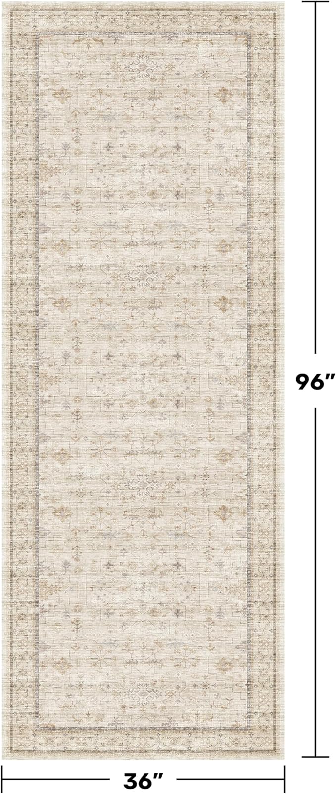 3x8 Non Slip Wide Runner Rug for Hallway Washable, Long Farmhouse Kitchen Rugs, Beige Cream Floral Entryway Mat, Low Pile & Soft Retro Décor Indoor, Non Skid Stain Resistant Carpet