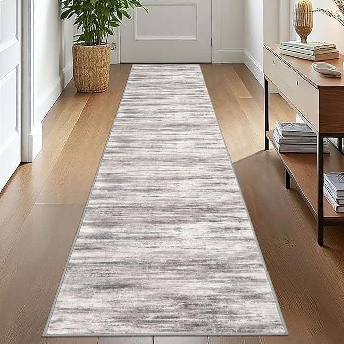KOZYFLY Modern Abstract Hallway Runner, 2x10 Washable Rug Non-Slip Soft Striped Kitchen Runner Rug, Grey/Light Beige/Brown Print Carpet Runner for Entryway Bathroom
