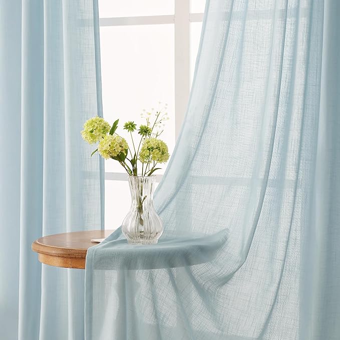 Sky Blue Curtains 108 inch Length for Bedroom Back Tab Light Filtering Semi Sheer Blue Living Room Curtains Linen Cotton Textured Drapery Panel Aesthetic Decor Light Blue 52x108