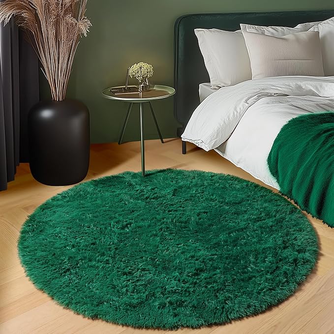 ONASAR Dark Green Round Area Rugs 5ft, Fluffy Soft Bedroom Circle Rug for Kids Girls Boys Teen Room, Furry Plush Shaggy Carpet Floor Mat for Baby Nursery Living Room Playroom Dorm Home Decor
