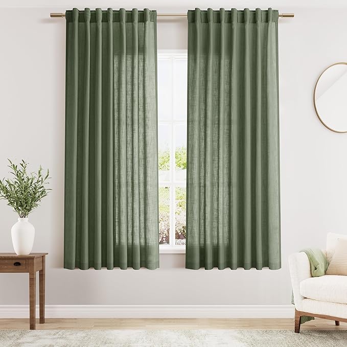 Nanspring Olive Green Linen Curtains 63 Inches Length 2 Panels Set for Living Room Back Tab Pocket Aesthetic Neutral Light Filtering Semi Sheer Drapes Cotton Linen Textured Curtain 52X63 Inches