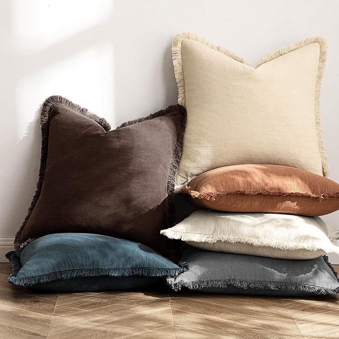 MIULEE Decorative Throw Pillow Covers Neutral Linen Fringe Throw Pillows Euro Shams Set of 2 Dark Brown Boho Farmhouse Cushion Covers for Couch Sofa Bed Living Room Spring Home Decor 24x24 Inch
