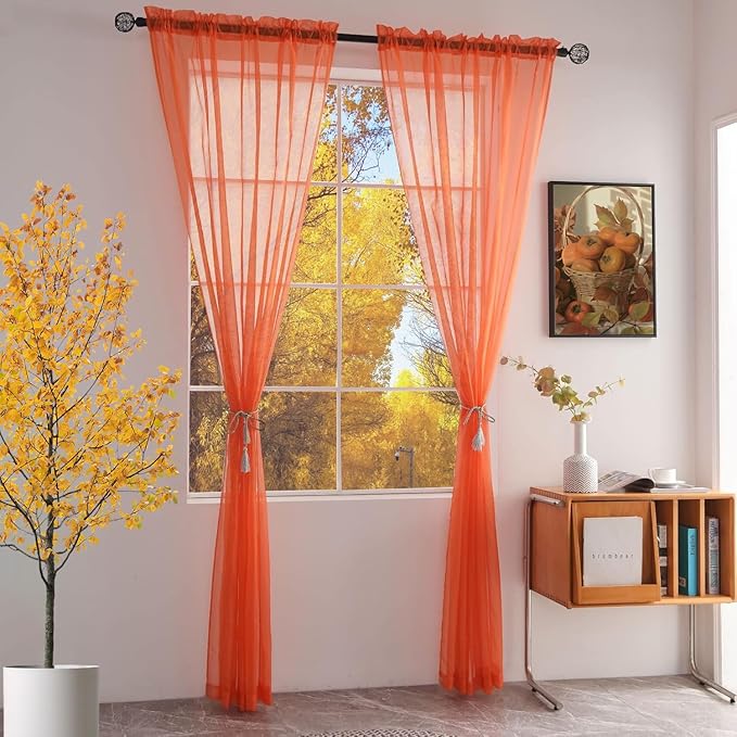 SpaceDresser Basic Rod Pocket Sheer Voile Window Curtain Panels Jaffa Orange 1 Pair 2 Panels 52 Width 84 Inch Long for Kitchen Bedroom Children Living Room Yard(Jaffa Orange,52 W x 84 L)