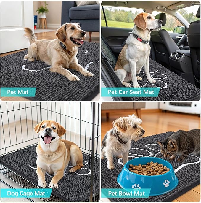 OLANLY Dog Door Mat for Muddy Paws 54x32, Paw Print Design, Absorbs Moisture and Dirt, Absorbent Non-Slip Washable Doormat, Quick Dry Chenille Mud Mat for Dogs, Entry Indoor Entryway Carpet, Dark Grey