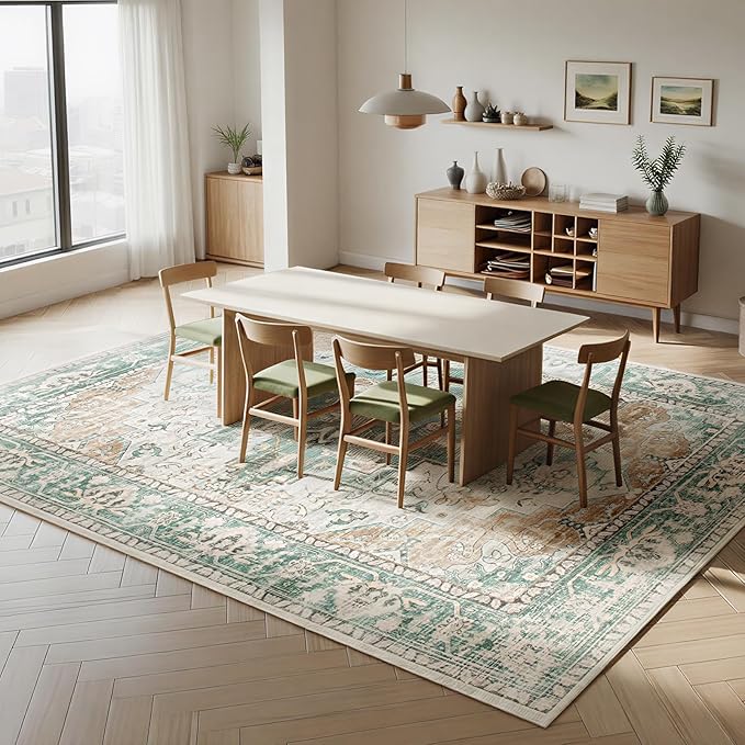 Washable Rugs 8x10 Area Rugs for Living Room- Vintage Rugs for Bedroom,Dining Room, Large Ultra Soft Retro Carpet with Non Slip Rubber Backing,Neutral Accent Carpets for Nursery Home Office