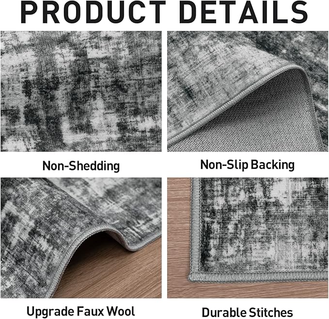 2'6''x8' Runner Rugs Washable Rug: Modern Abstract Living Room Rug Soft Anti-Skid Thin Carpet Indoor Floor Non-Shedding Carpets for Bedroom Dining Room Farmhouse Nursery Home Office - Black