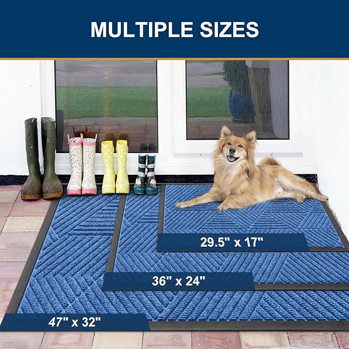 Smiry Front Door Mat Outside Entrance, Heavy Duty Sturdy Natural Rubber Doormat, Trap Dirt and Moisture, Easy Clean Low Profile Welcome Floor Mats for Indoor Outdoor Entry, 71x23 Inch, Blue