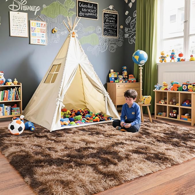 Pionblank Large Area Rug for Living Room 10x14, Fuzzy Modern Shag Rug Brown, Fluffy Plush Non Slip Soft Furry Carpet for Bedroom Kids Room Nursery Teens Dorm Home, Tie-Dyed Coffee