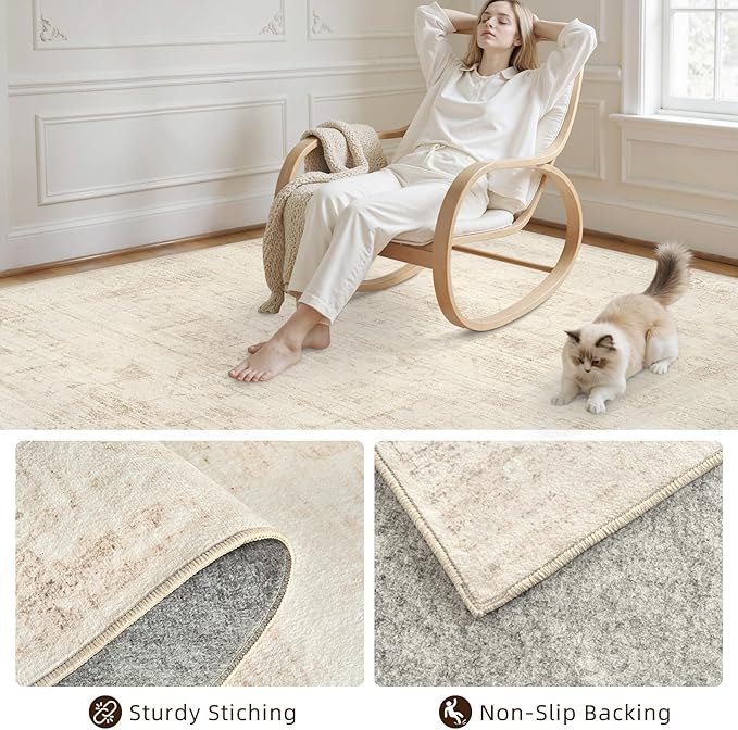 8x10 Area Rugs for Living Room: Vintage Boho Neutral Washable Rug Indoor Soft Large Area Rug Carpet for Bedroom Nursery Farmhouse Dining Room Office Floor Non-Slip Low Pile Under Table Rug Dark Beige