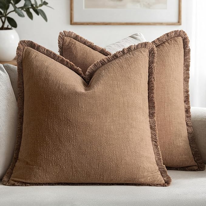 MIULEE Decorative Throw Pillow Covers Neutral Linen Fringe Throw Pillows Euro Shams Set of 2 Brown Boho Farmhouse Cushion Covers for Couch Sofa Bed Living Room Spring Home Decor 28x28 Inch