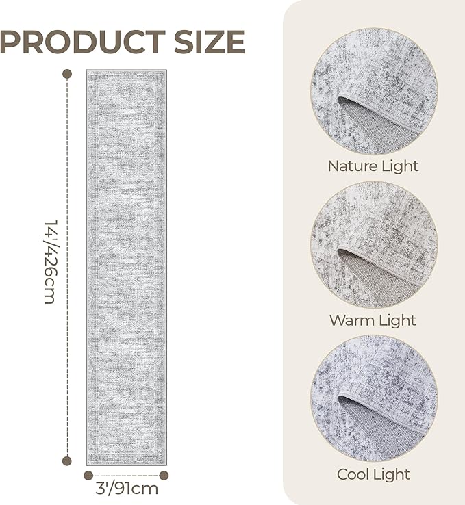 3x14 Washable Runner Rug for Hallway, Non-Slip Long Hallway Runner for Entryway, Soft Vintage Kitchen Mats for Floor, Abstract Dining Room, Bedroom, Living Room Rugs(3'x14', Grey/Ivory)