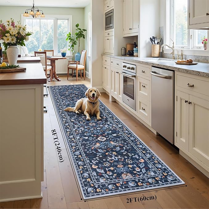 HEBE Washable Hallway Runner Rug 2'x 8' Non Slip Kitchen Rugs Runner,Low Pile Entryway Rug Laundry Room Mat Floral Carpet Runners for Hallways, Kitchen,Bathroom,Laundry,Bedside Rug