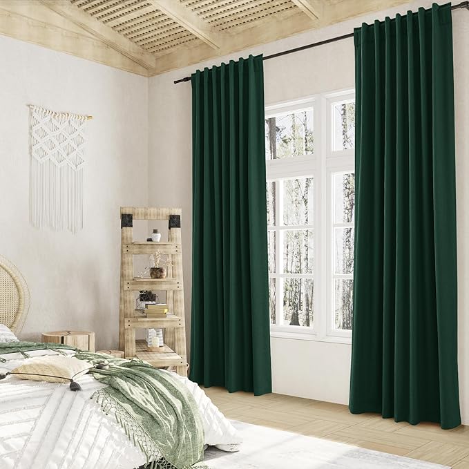 Guken Dark Green 100% Blackout Curtains 96 Inch Length 2 Panels Set for Living Room Bedroom Back Tab Thermal Insulated Black Out Linen Drapes Decor 52x96 Long