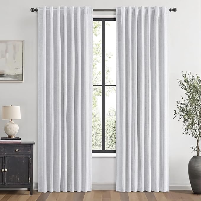 MIULEE 100% Blackout Linen Curtains for Bedroom, Grayish White Solid Luxury Decor Thermal Insulation Room Darkening Drapes for Living Room Nursery Back Tab Rod Pocket 42 x 90 Inches, 2 Panels