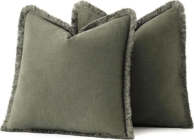MIULEE Decorative Throw Pillow Covers Neutral Linen Fringe Throw Pillows Set of 2 Olive Green Boho Farmhouse Cushion Covers with Tassels for Couch Sofa Bed Living Room Spring Home Decor 20x20 Inch