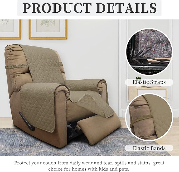 ISSUNTEX Double Protection 100% Waterproof Recliner Covers for Living Room, Reversible Furniture Protector Recliner Couch Sofa Slipcover for Dogs, Pets, Kids (Recliner, Beige/Beige)