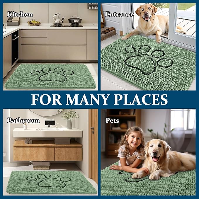 OLANLY Dog Door Mat for Muddy Paws 36x24, Paw Print Design, Absorbs Moisture and Dirt, Absorbent Non-Slip Washable Doormat, Quick Dry Chenille Mud Mat, Entry Indoor Entryway Carpet, Olive Green