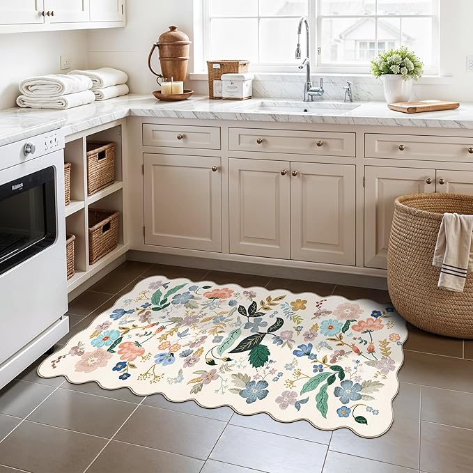 Washable 2x4 Entryway Area Rugs: Vintage Water Resistant Kitchen Rug Non-Slip Durable Doormat Ultra Soft Living Room Bedroom Carpet Indoor Low Pile Floor Mat for Bathroom Dining Room(2x4,Cream)