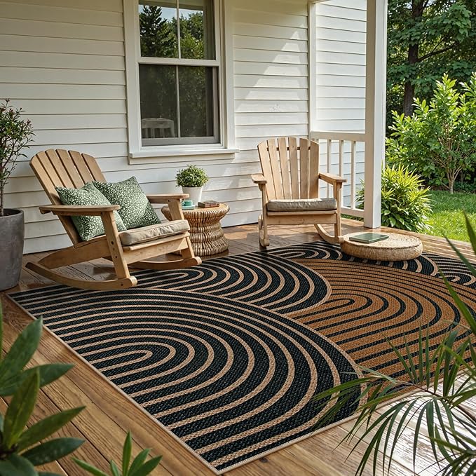 Lahome Enfys Modern Rainbow Easy Jute Carpet, Washable Rugs 5x7 for Living Room Black Farmhouse Dining Room Rug, Contemporary Natural Throw Mat Non Slip Floor Carpet for Office RV Patio
