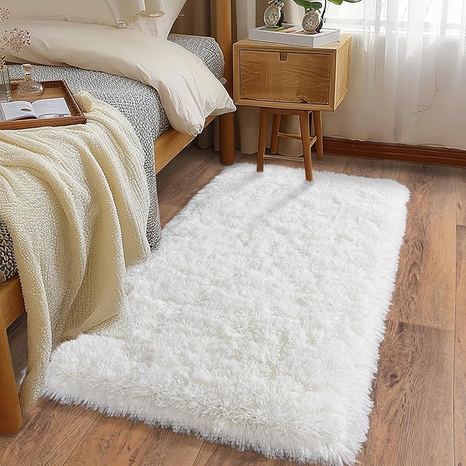 Ultra Soft Runner Rugs for Bedroom Hallways with Upgraded Non-Slip Rubber Backing & Thick Memory Sponge, 2 Packs 2x4 Feet Fluffy Shag Throw Area Rug for Bedside Dorm Cream