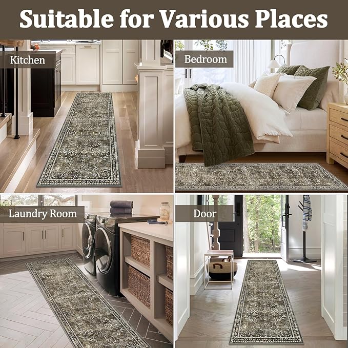 Yamaziot Washable Runner Rug 2x8 – Non Slip Boho Floral Hallway Runner Rug with Rubber Backing, Low Pile Wool Distressed Carpet for Kitchen, Laundry, Bedroom, Entrance, Tan