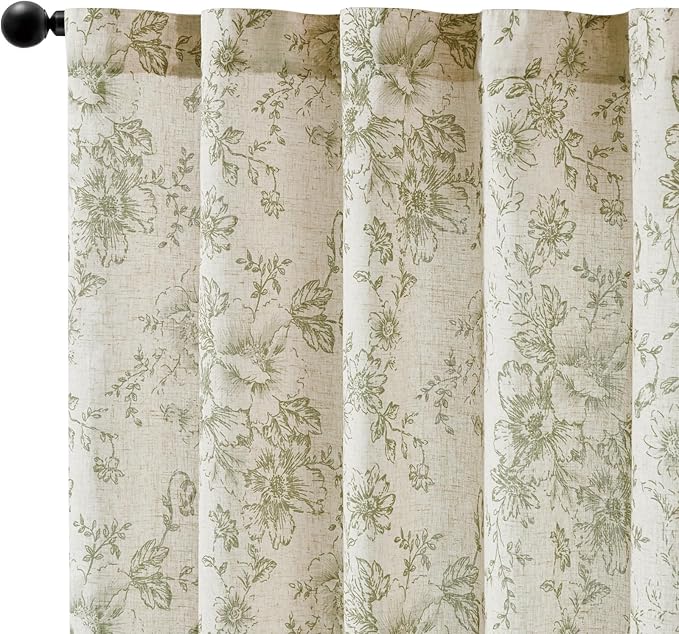 jinchan Linen Blend Floral Curtains for Living Room 84 Inch Length Sage Green Printed Curtain Rod Pocket Back Tab Farmhouse Peony Flower Patterned Drapes Bedroom Curtains Set 2 Panels