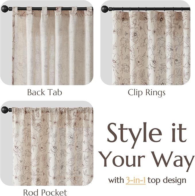 jinchan Floral Linen Curtains for Living Room 96 Inch Length Brown Flower Curtain Rod Pocket Back Tab Farmhouse Curtains with Printed Floral Bedroom Window Curtain Set, 2 Panels Brown