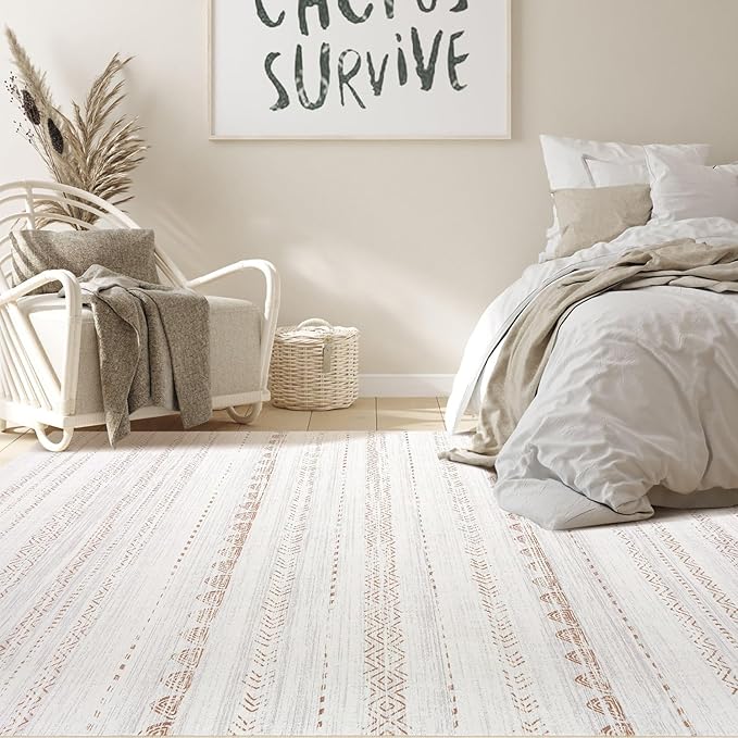 Nakagishi 7x10 Area Rug Living Room: Washable Boho Large Neutral Soft Farmhouse Modern Rugs Stain Resistant Moroccan Non-Slip Indoor Floor Carpet for Bedroom Nursery Kids Playroom Office Dining Room
