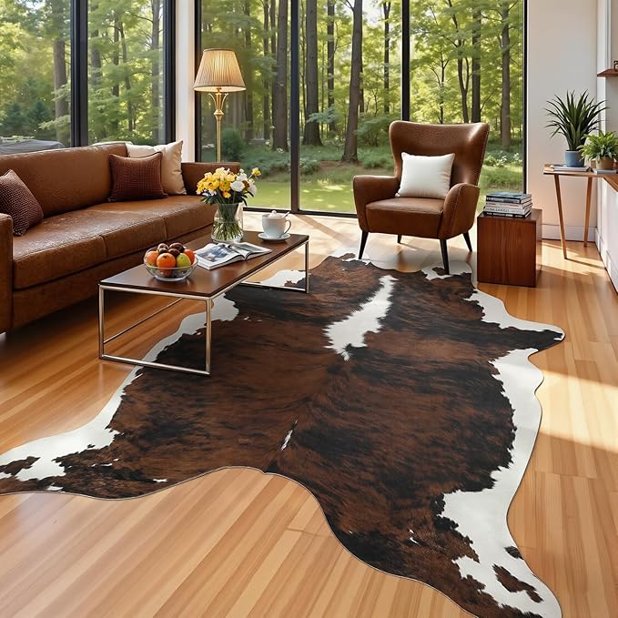 AROGAN Western Decor Faux Fur Cowhide Rug, 4.6x5.2 Feet Premium Animal Skin Cow Hide Rug, Sturdy Cow Print Rugs for Wall Decor, Western Floor Carpet for Bedroom Living Room, Black and Brown