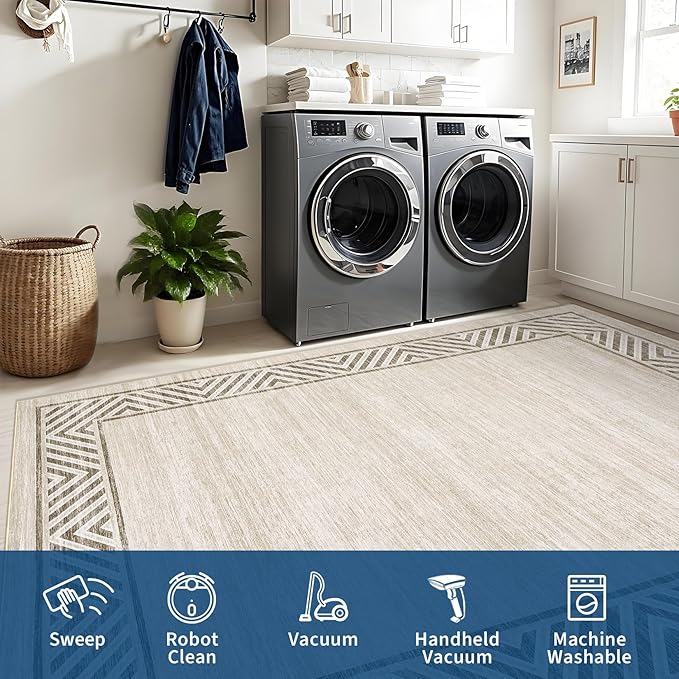 GarveeHome Bordered Bedroom Rugs 5x7 Ultra-Soft Indoor Carpet, Non-Slip Modern Geometric Living Room Rug, Stain-Resistant Neutral Accent Floor Cover for Dining Room, Nursery, Office, Beige