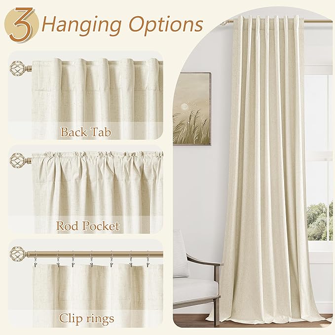 Guken 100% Blackout Curtains 120 Inch Length 2 Panels Set for Living Room Bedroom Back Tab Thermal Insulated Black Out Linen Drapes Room Darkening Window Curtains Warm Beige 52x120